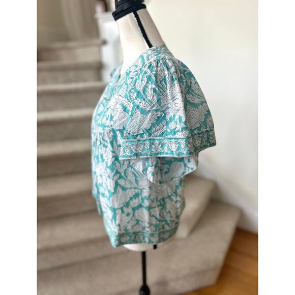 Marea Aqua Blue & White Floral Block Print Short Sleeve Tunic Top - Picture 3 of 6